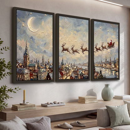 Santa sleigh over city painting 3 piece framed canvas in a living room above a console