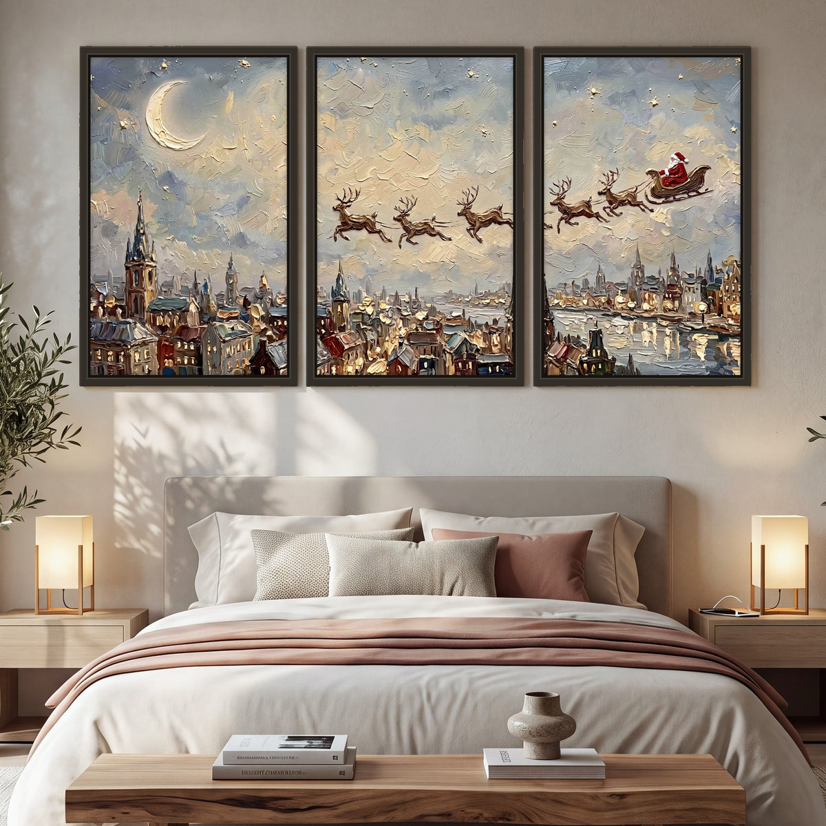 Santa sleigh over city painting 3 piece framed canvas in a bedroom above the bed