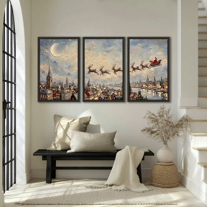 Santa sleigh over city painting 3 piece framed canvas in an entryway above a bench