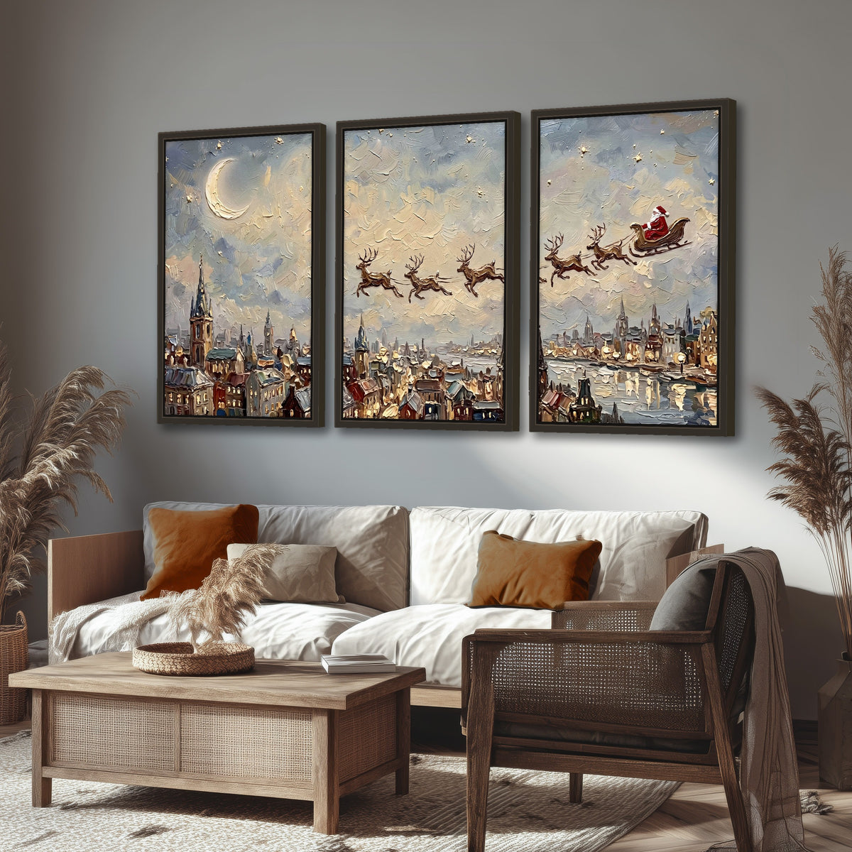 Santa sleigh over city painting 3 piece framed canvas in a rustic living room
