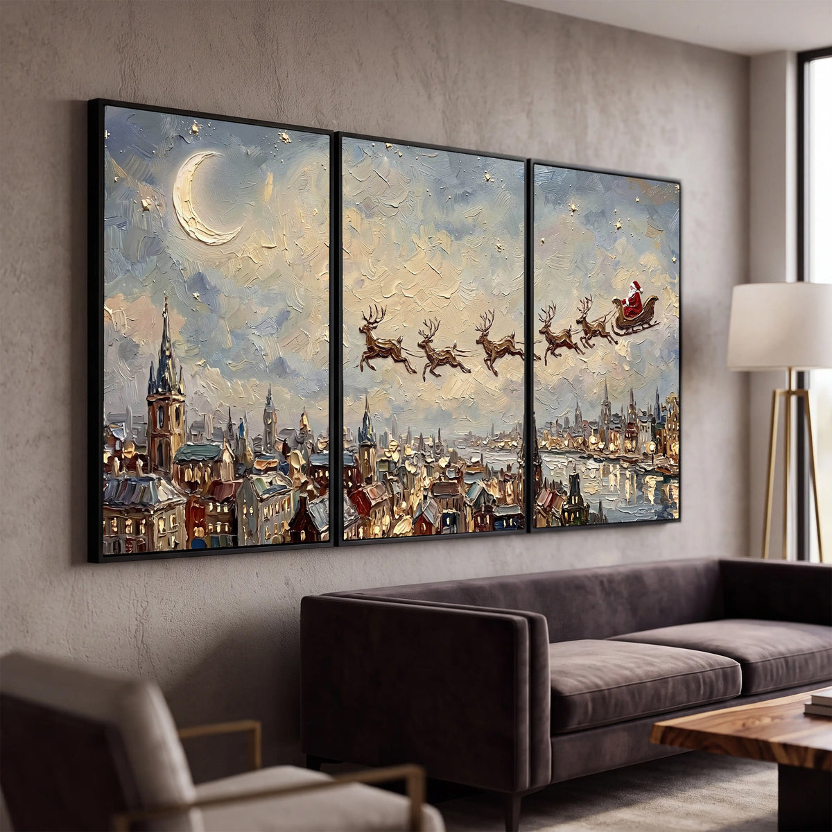 Santa sleigh over city painting 3 piece framed canvas in a modern living room