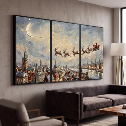 Santa sleigh over city painting 3 piece framed canvas in a modern living room