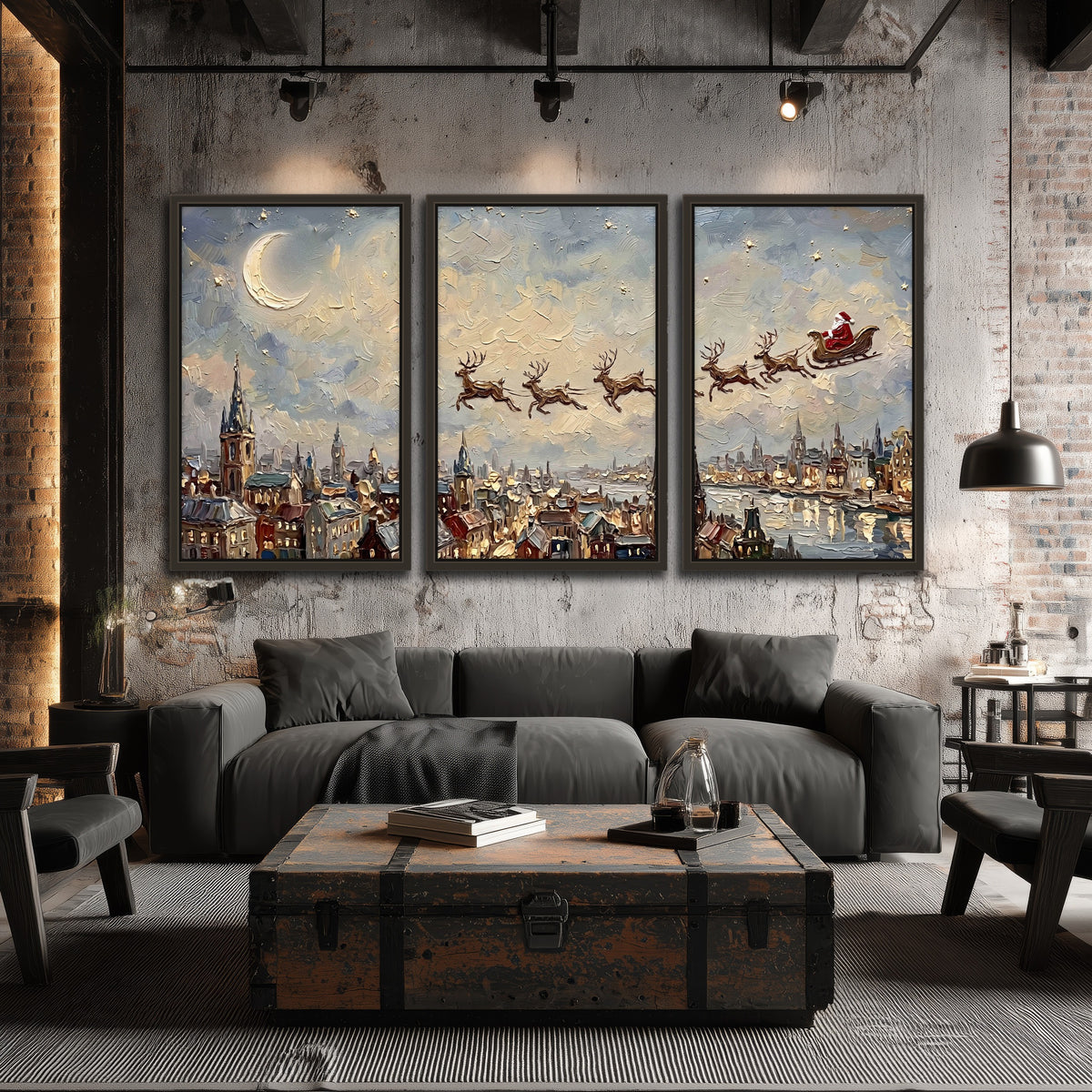 Santa sleigh over city painting 3 piece framed canvas in an industrial loft