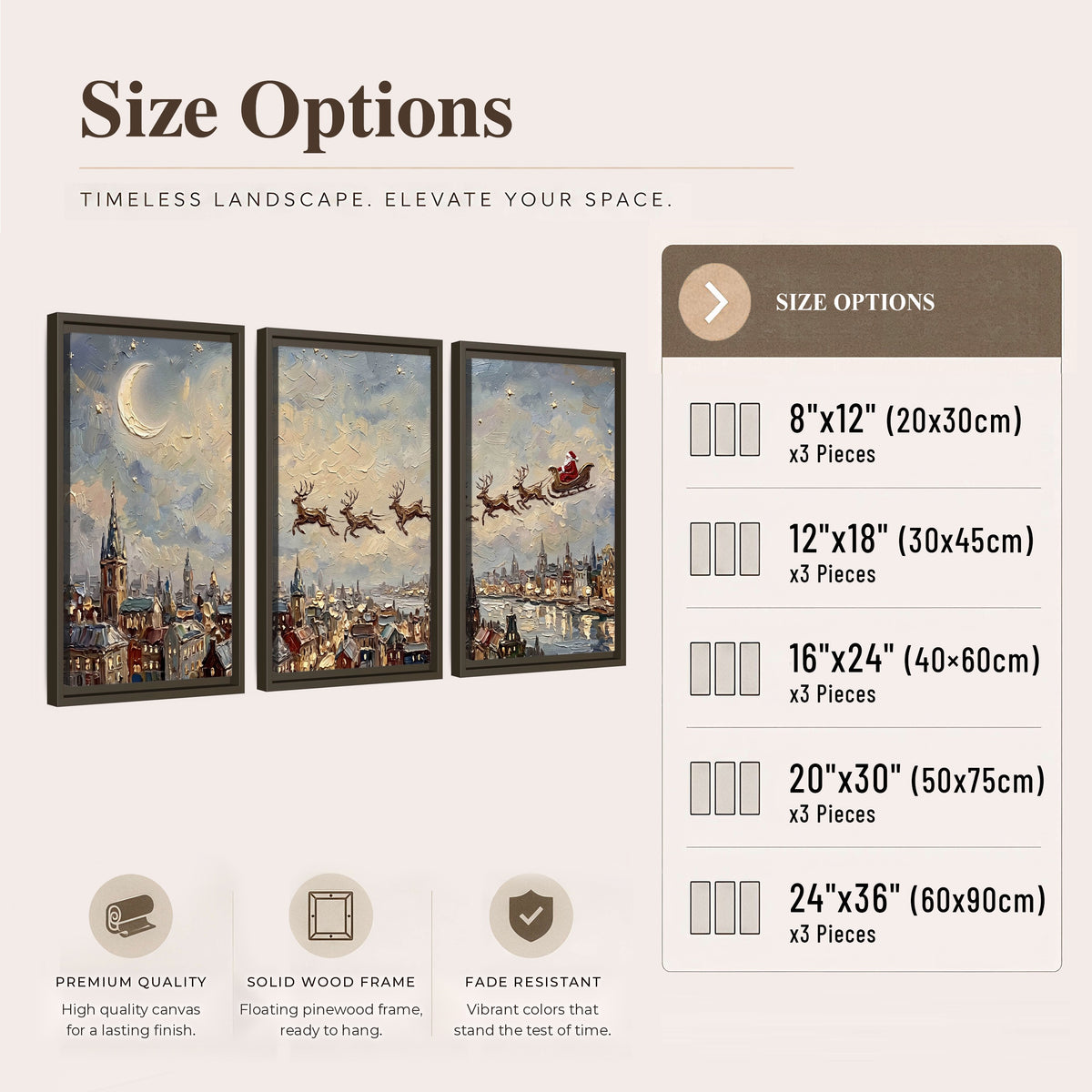 Santa sleigh over city painting 3 piece framed canvas size options