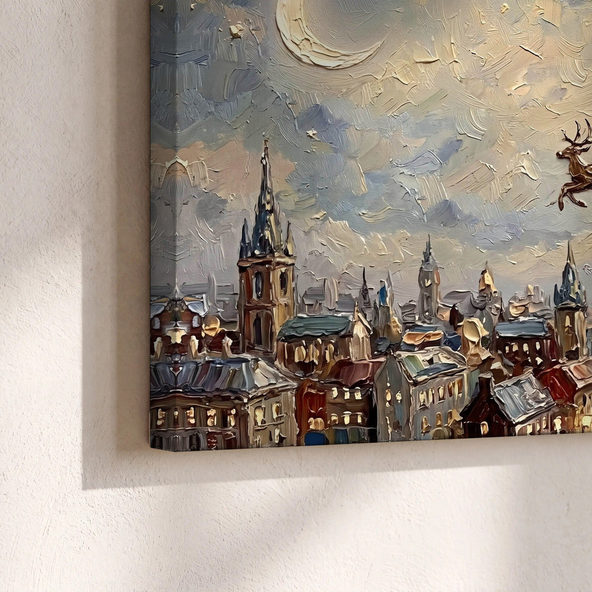 Santa sleigh over city painting canvas print close-up showing the gallery-wrapped edge