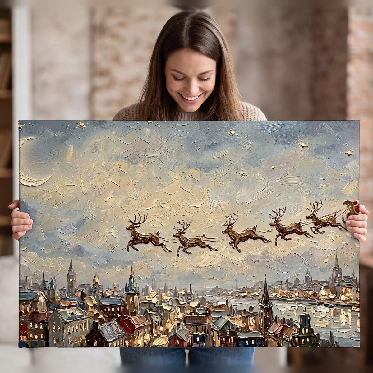 Santa sleigh over city painting canvas wall art held in hands
