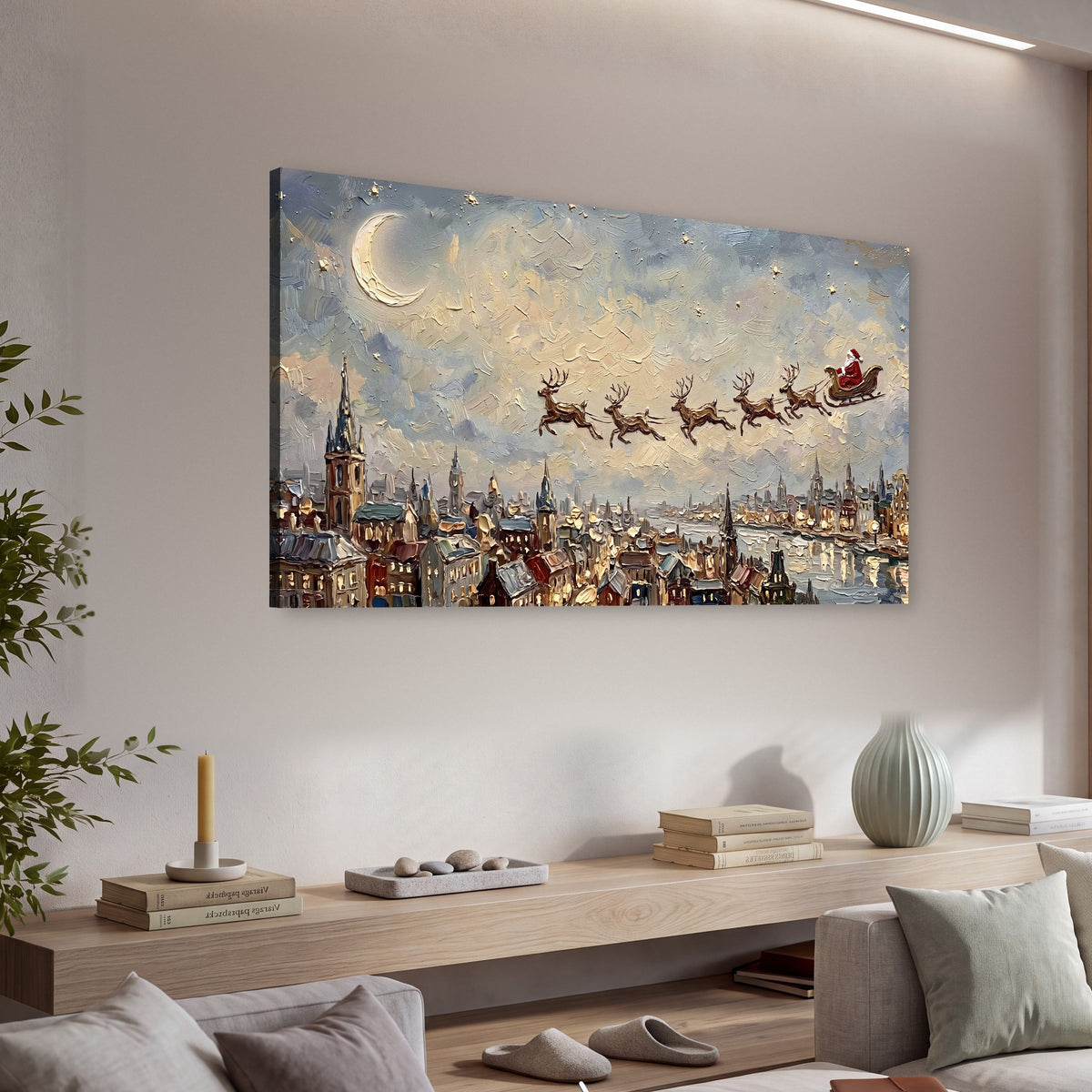 Santa sleigh over city painting canvas wall art in a living room above a console