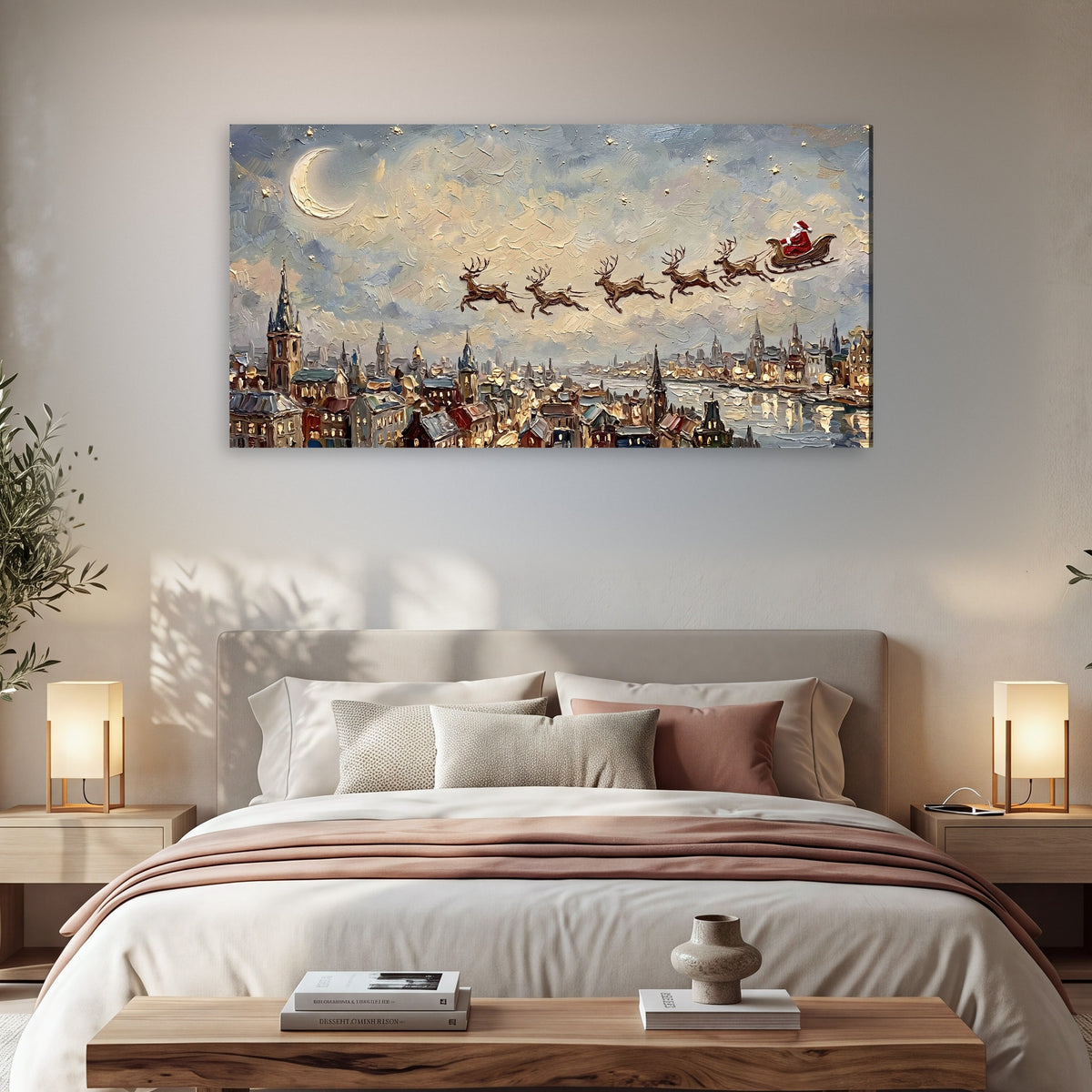 Santa sleigh over city painting canvas wall art in a bedroom above the bed