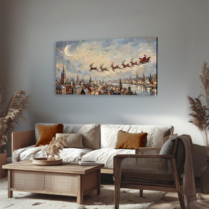 Santa sleigh over city painting canvas wall art in a rustic living room