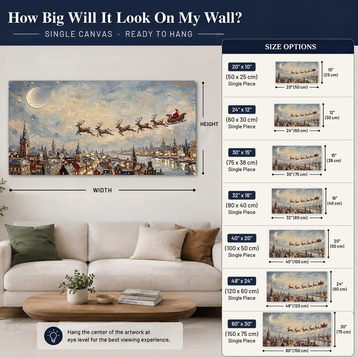Santa sleigh over city painting canvas wall art size guide above a sofa