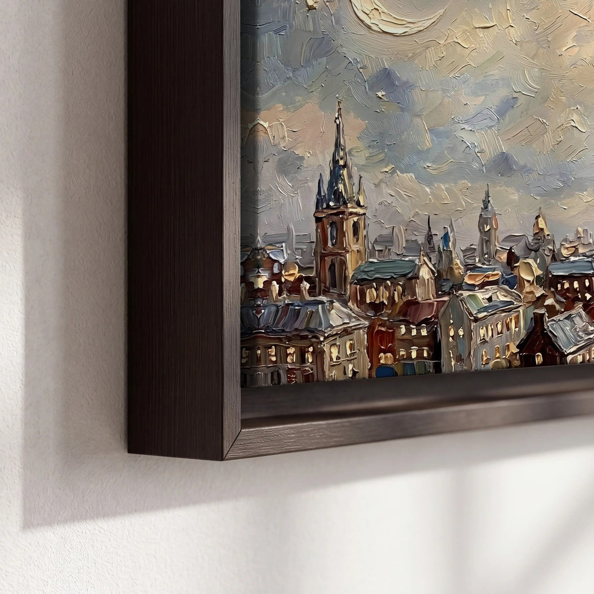 Santa sleigh over city painting framed canvas close-up showing the floating frame