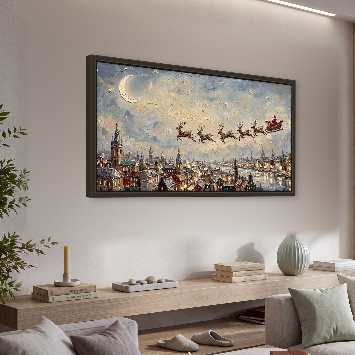 Santa sleigh over city painting framed canvas wall art in a living room above a console