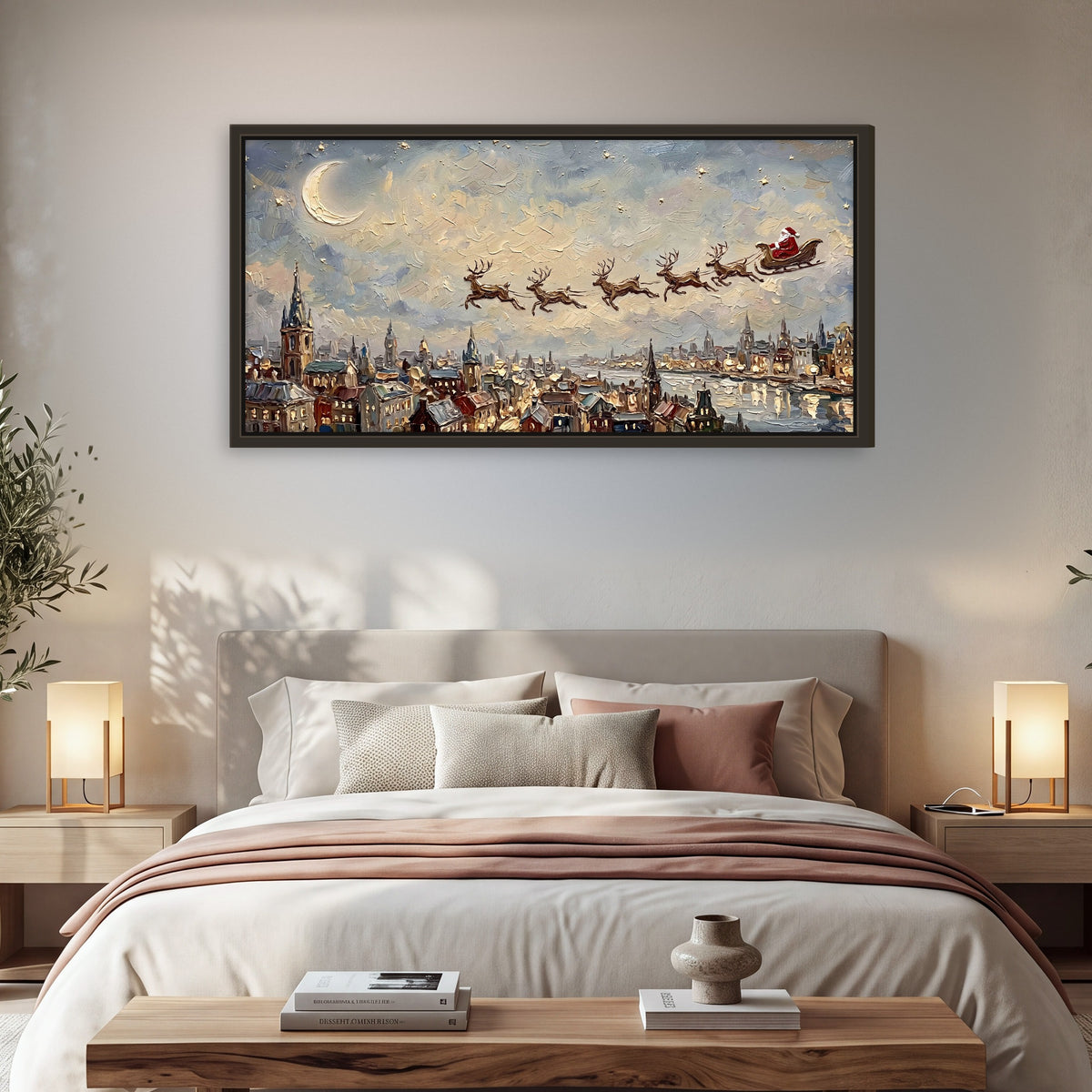 Santa sleigh over city painting framed canvas wall art in a bedroom above the bed