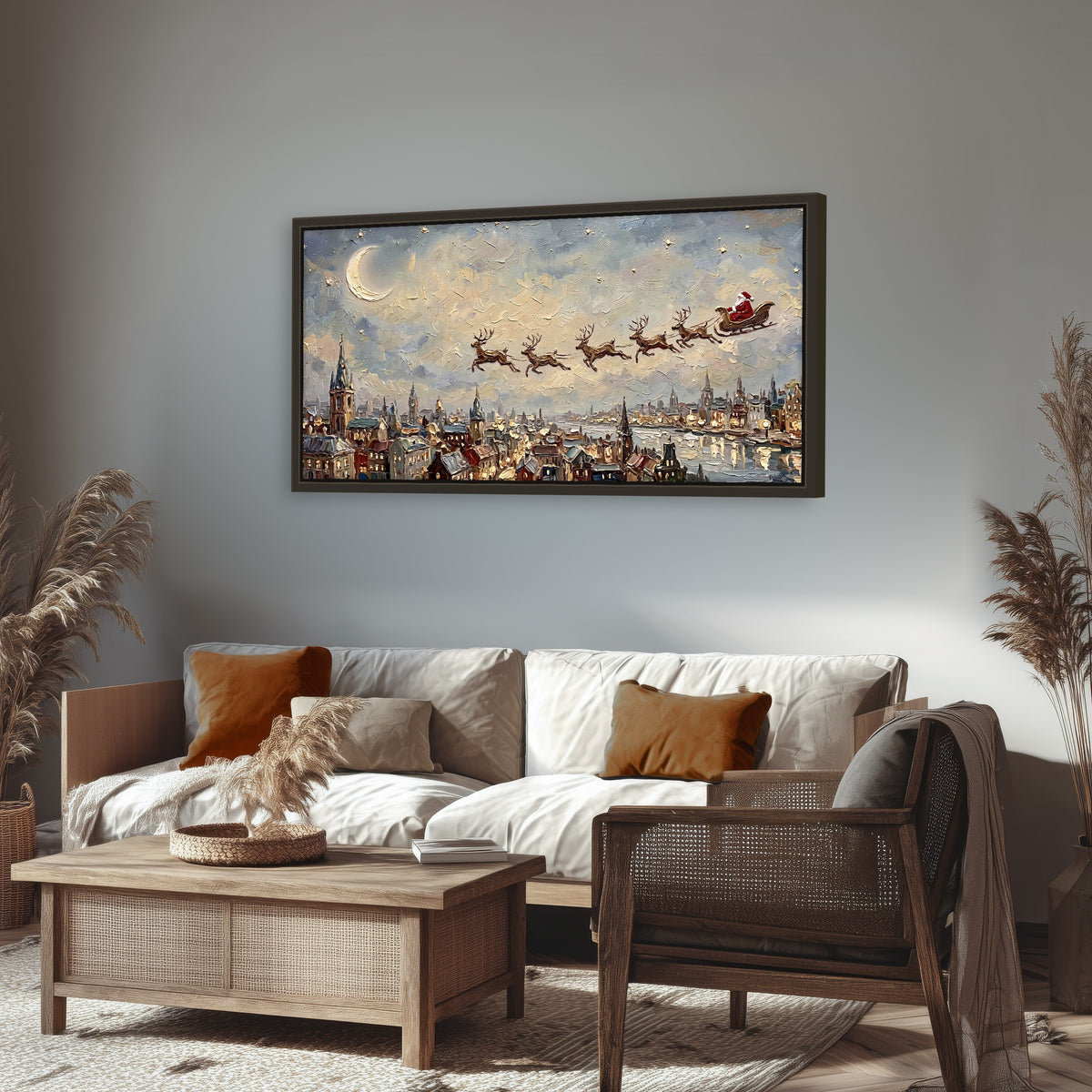 Santa sleigh over city painting framed canvas wall art in a rustic living room
