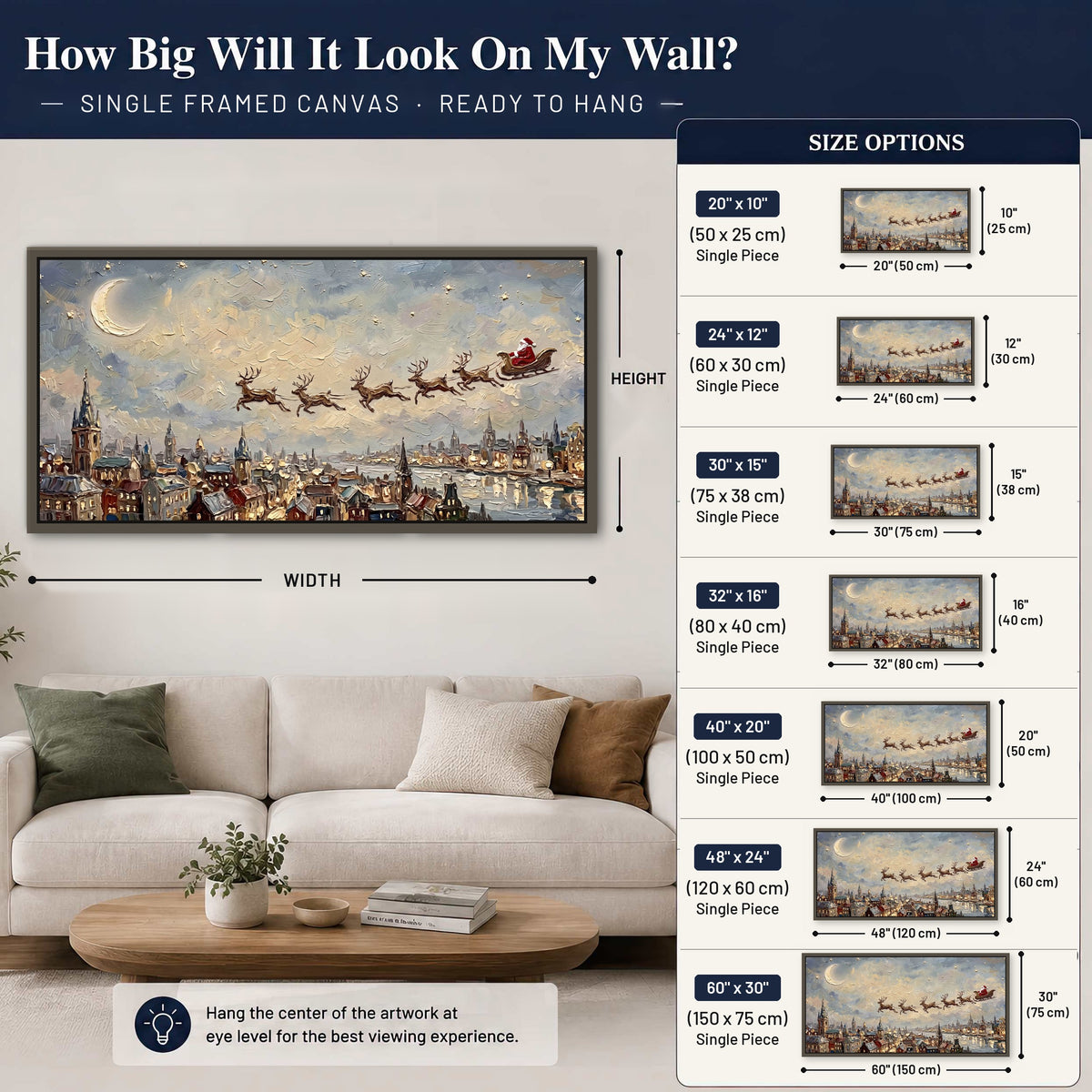 Santa sleigh over city painting framed canvas wall art size guide above a sofa