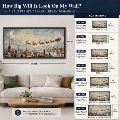 Santa sleigh over city painting framed canvas wall art size guide above a sofa