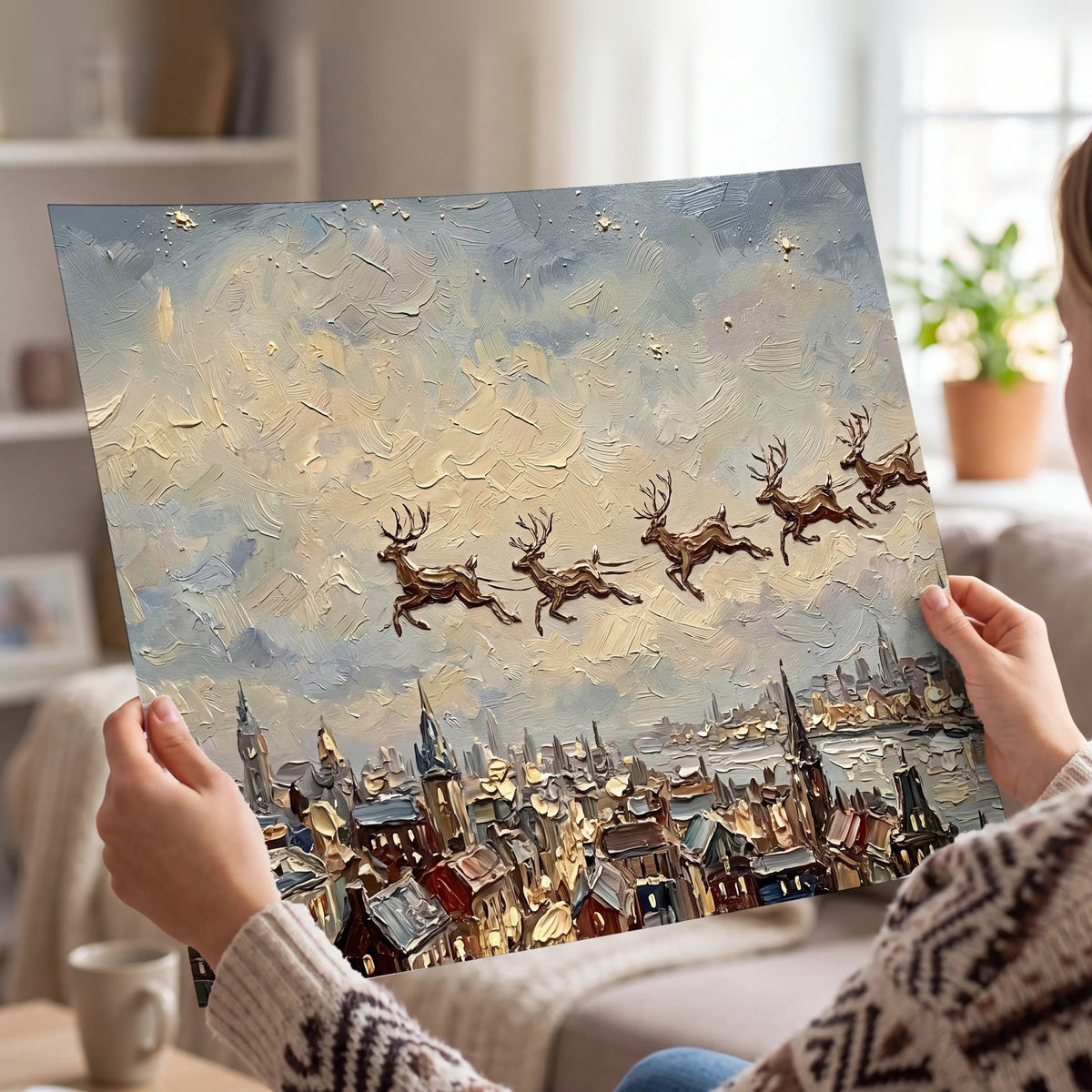 Santa sleigh over city painting poster print held in hands