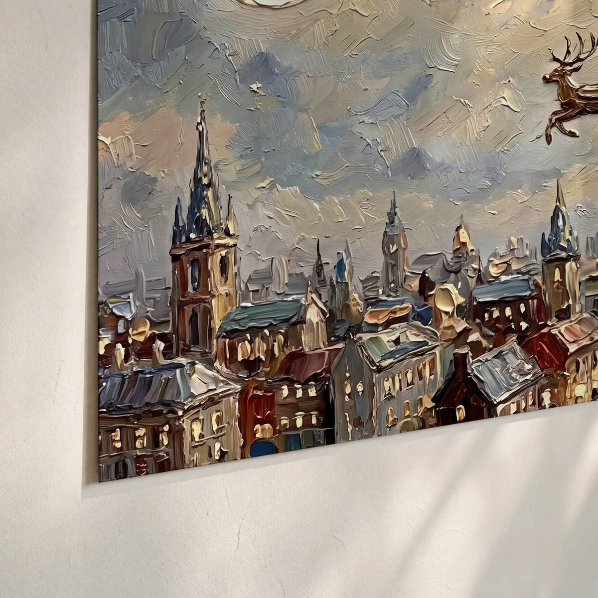 Santa sleigh over city painting poster print close-up on matte paper