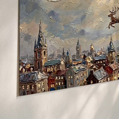 Santa sleigh over city painting poster print close-up on matte paper