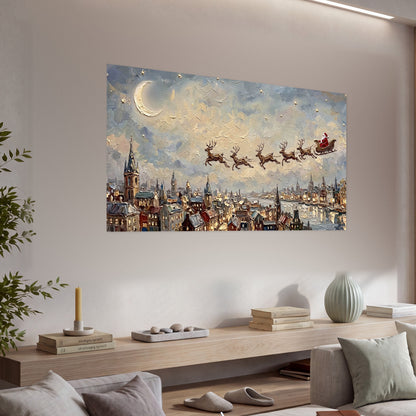 Santa sleigh over city painting poster print in a living room above a console