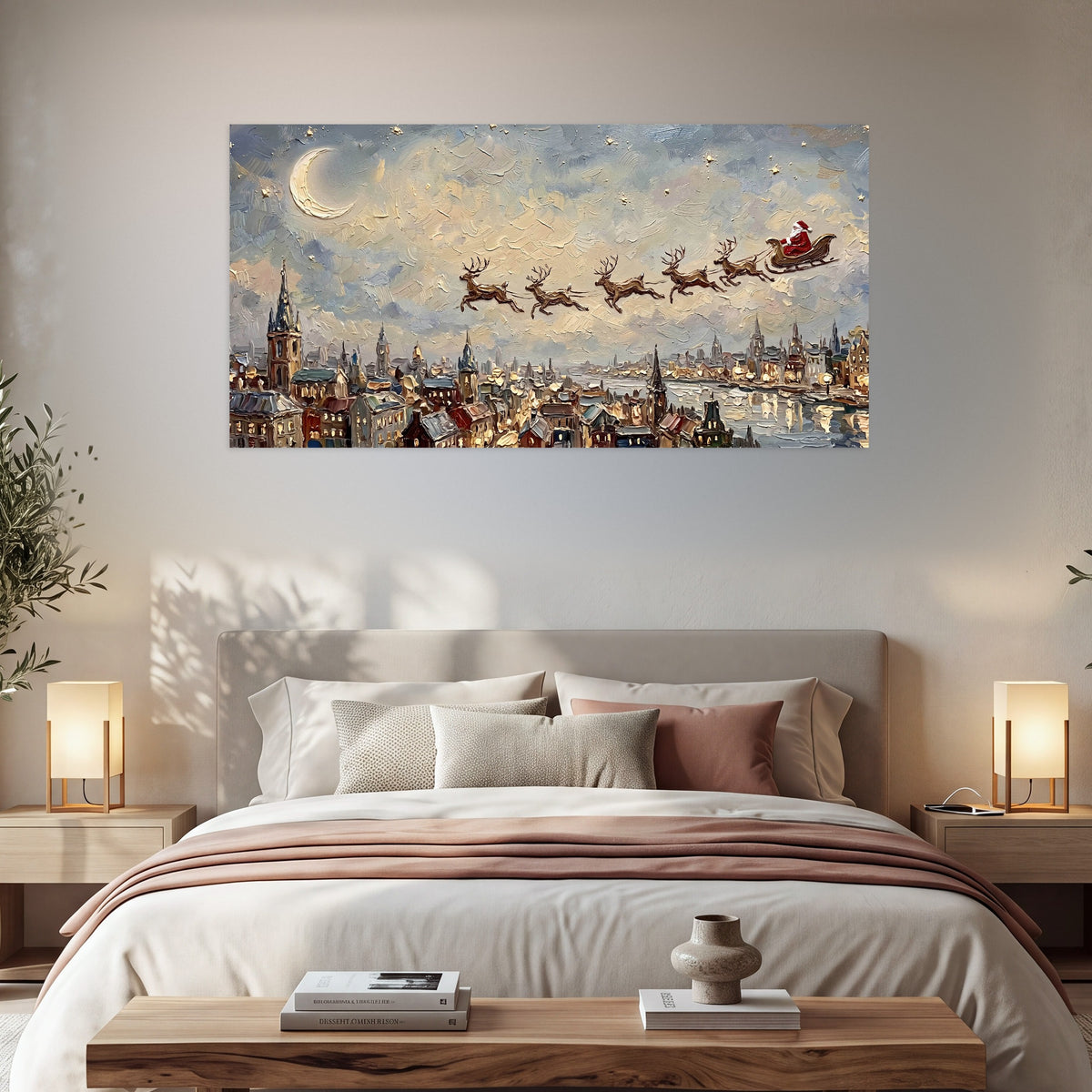 Santa sleigh over city painting poster print in a bedroom above the bed
