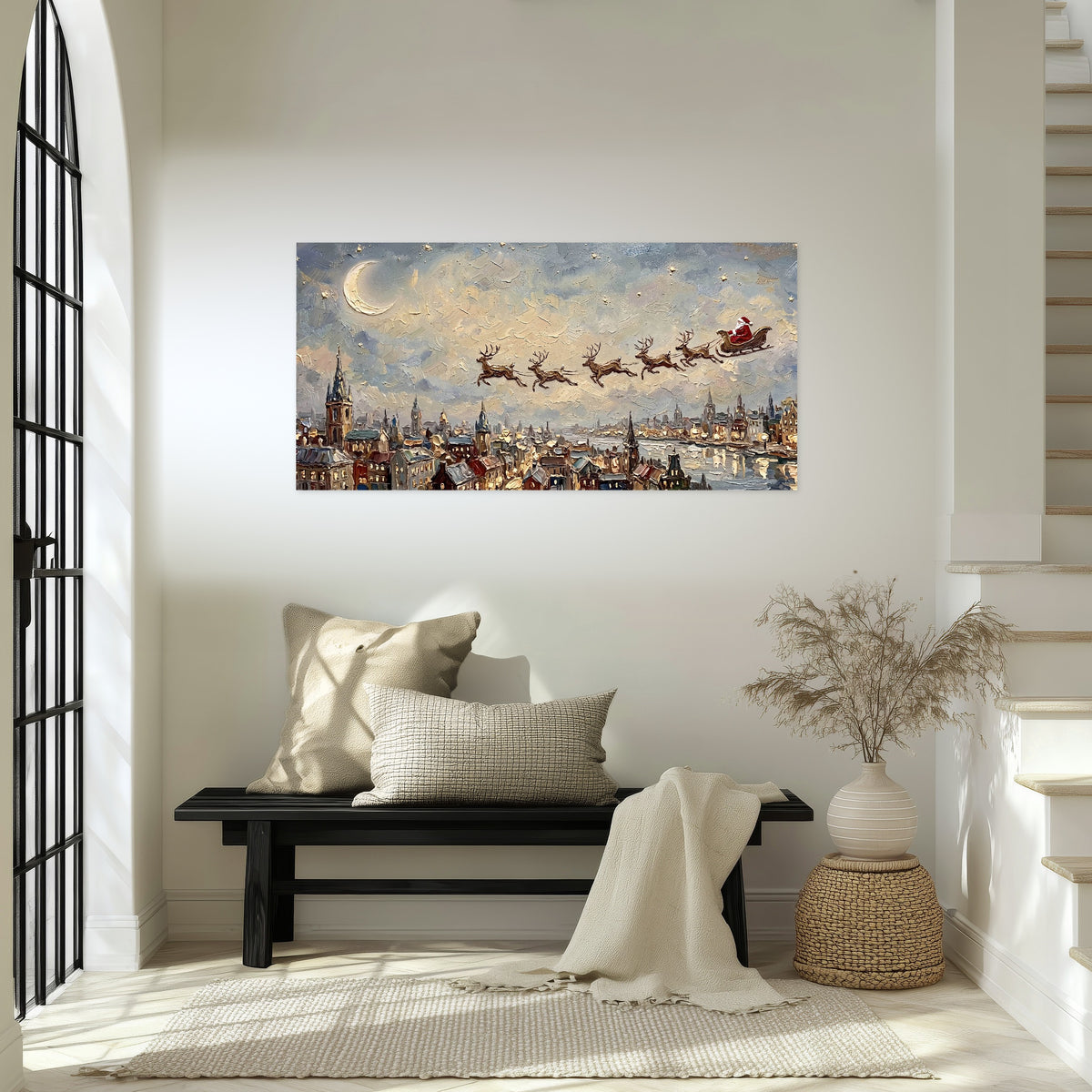 Santa sleigh over city painting poster print in an entryway above a bench