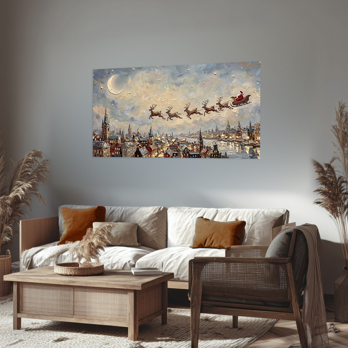 Santa sleigh over city painting poster print in a rustic living room