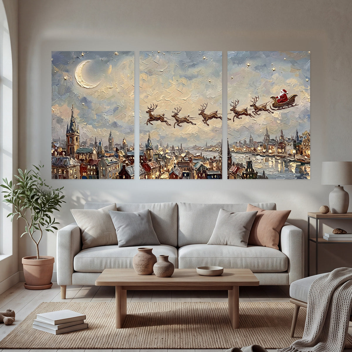 Santa sleigh over city painting set of 3 poster prints in a bright living room