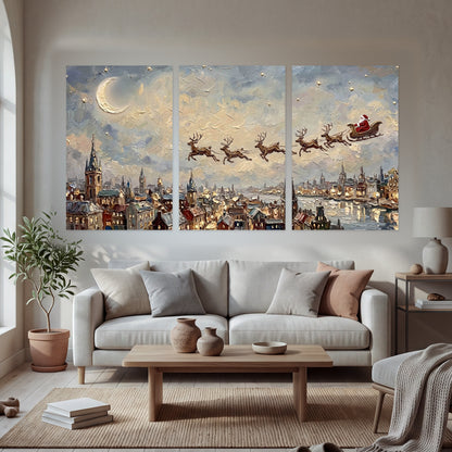 Santa sleigh over city painting set of 3 poster prints in a bright living room