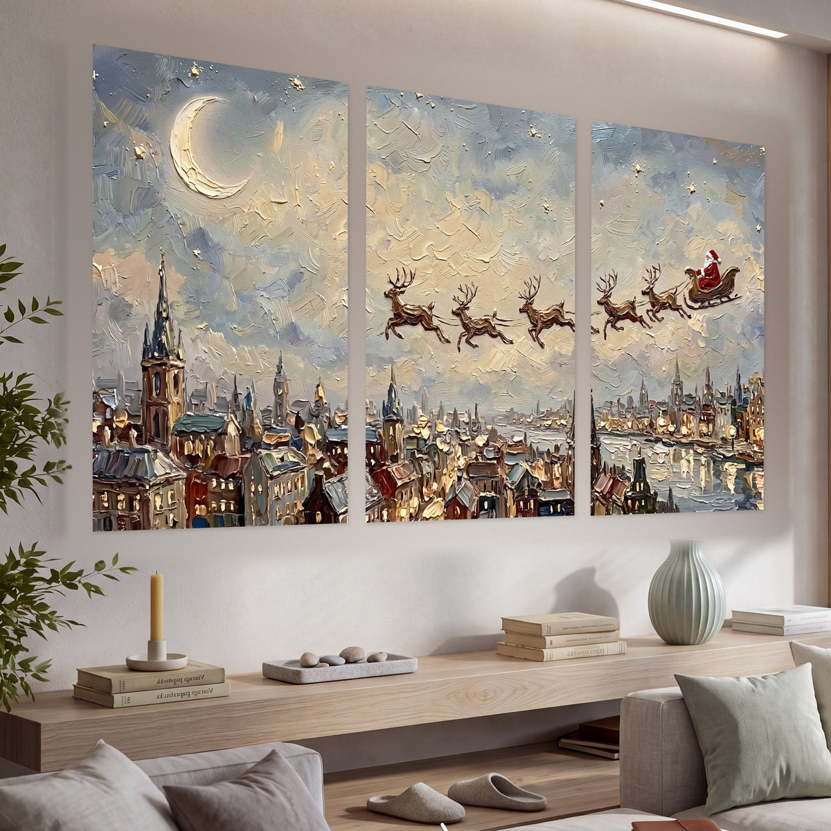 Santa sleigh over city painting set of 3 poster prints in a living room above a console