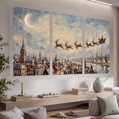 Santa sleigh over city painting set of 3 poster prints in a living room above a console