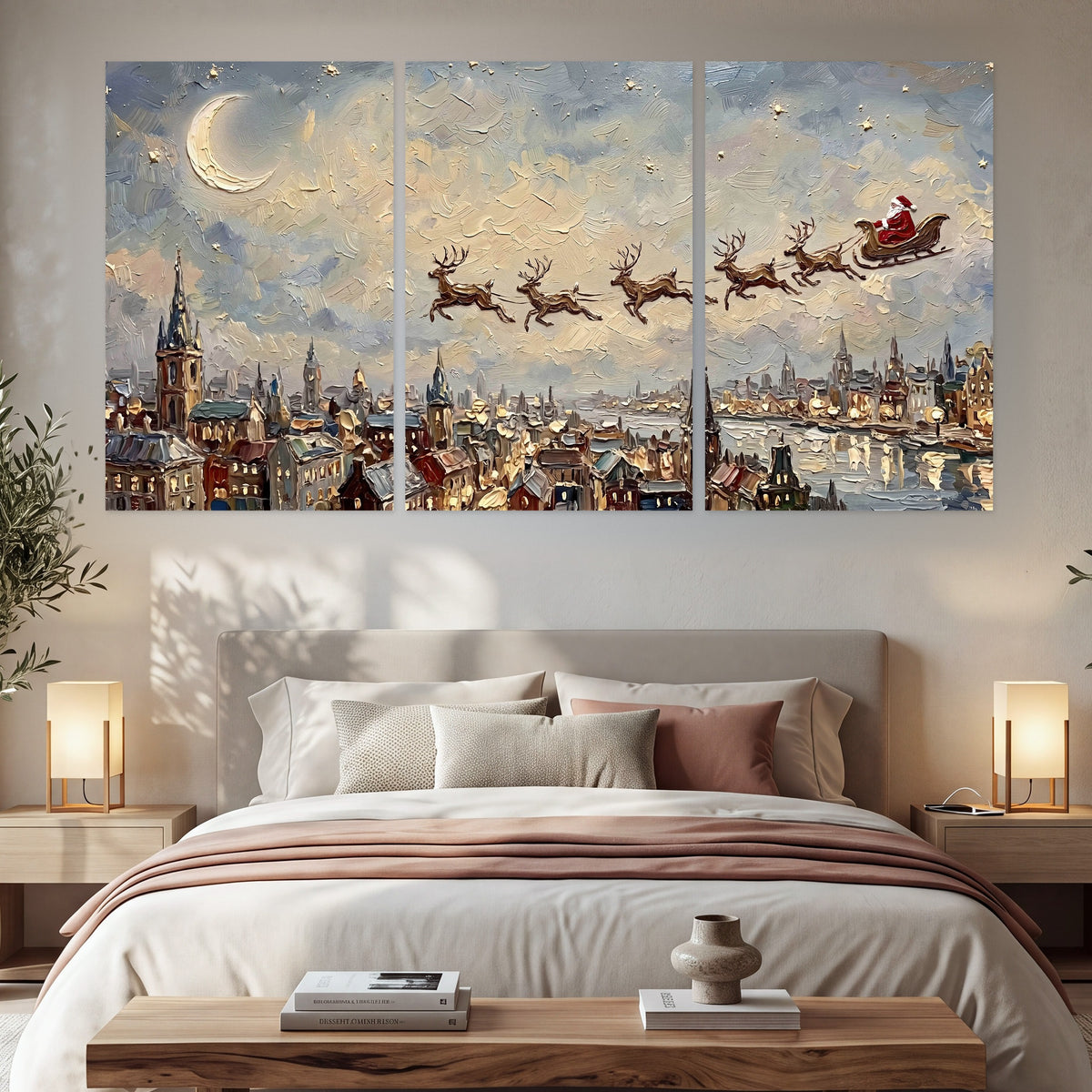 Santa sleigh over city painting set of 3 poster prints in a bedroom above the bed