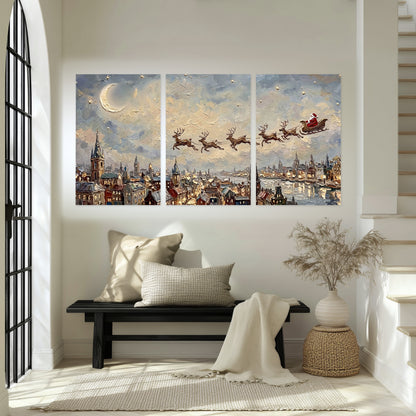 Santa sleigh over city painting set of 3 poster prints in an entryway above a bench