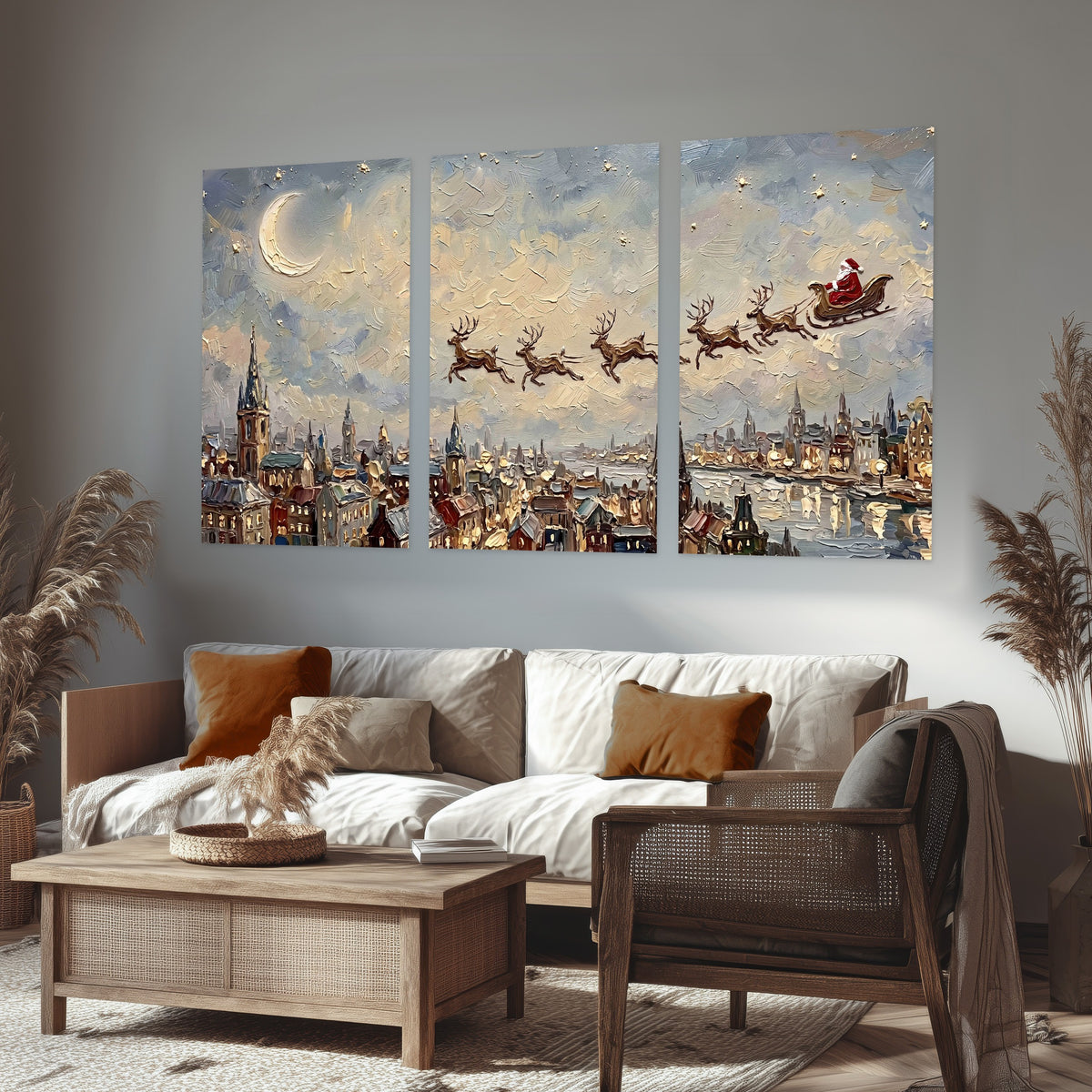 Santa sleigh over city painting set of 3 poster prints in a rustic living room