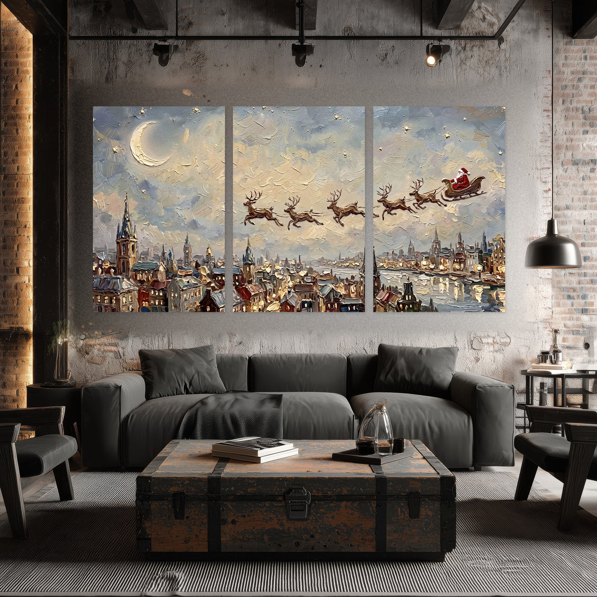 Santa sleigh over city painting set of 3 poster prints in an industrial loft