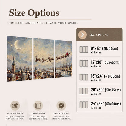 Santa sleigh over city painting set of 3 poster prints size options