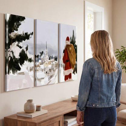 Santa Claus snowy village painting 3 piece canvas wall art in a living room