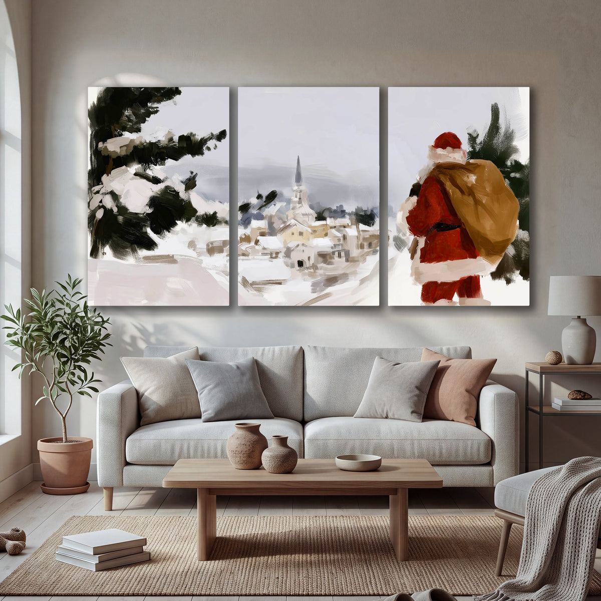 Santa Claus snowy village painting 3 piece canvas wall art in a bright living room