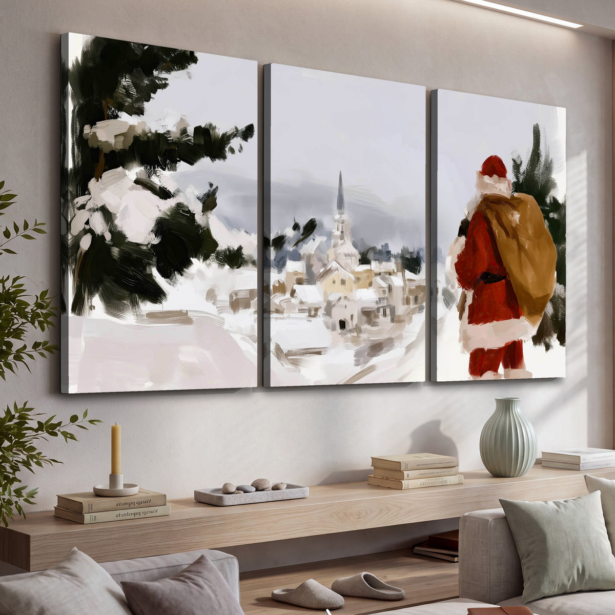 Santa Claus snowy village painting 3 piece canvas wall art in a living room above a console