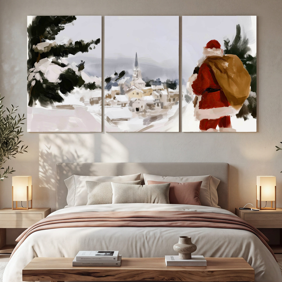 Santa Claus snowy village painting 3 piece canvas wall art in a bedroom above the bed