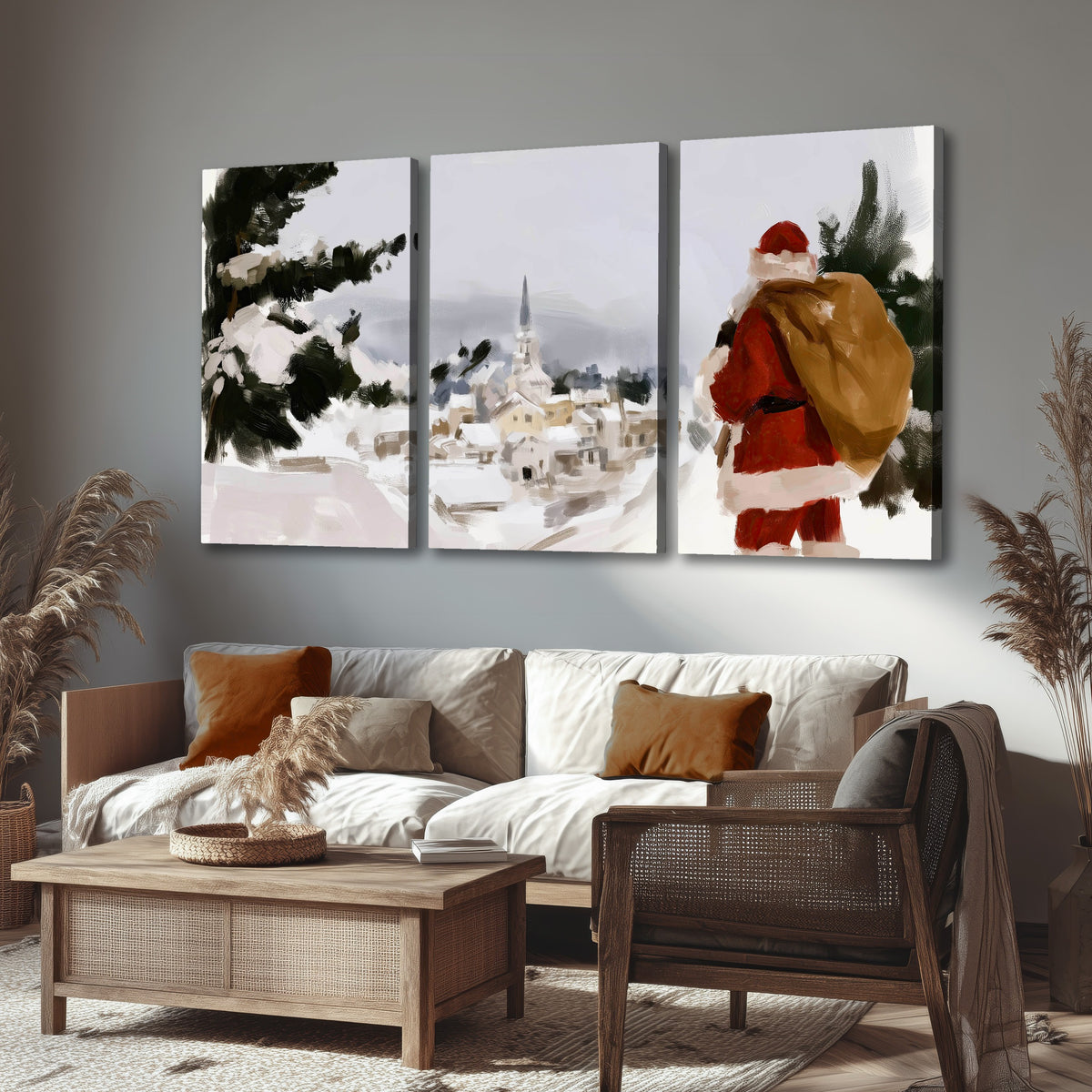 Santa Claus snowy village painting 3 piece canvas wall art in a rustic living room