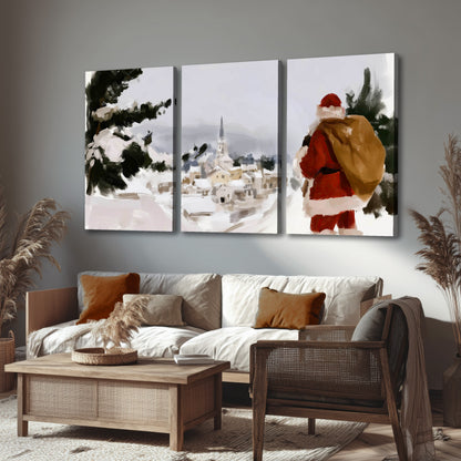 Santa Claus snowy village painting 3 piece canvas wall art in a rustic living room