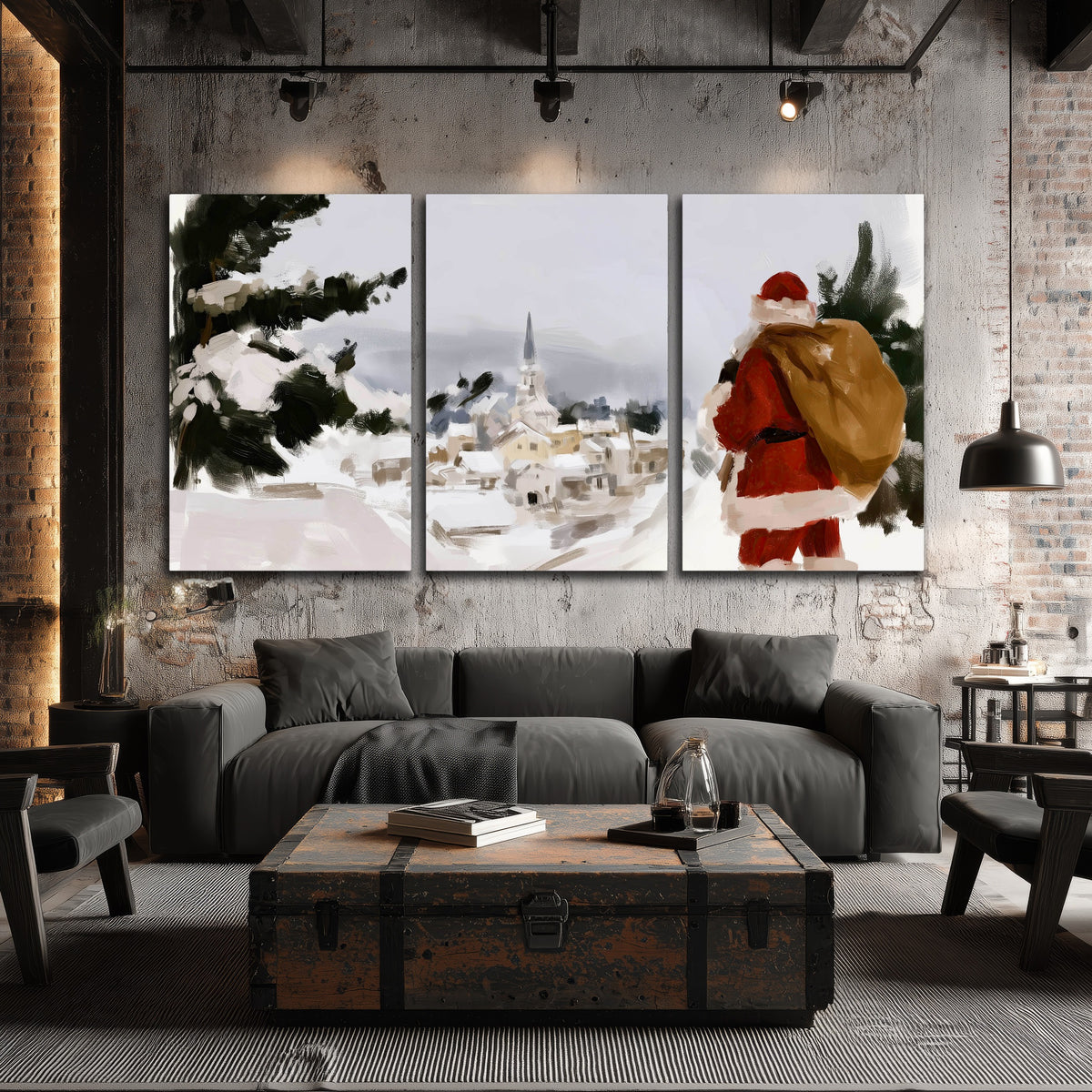 Santa Claus snowy village painting 3 piece canvas wall art in an industrial loft