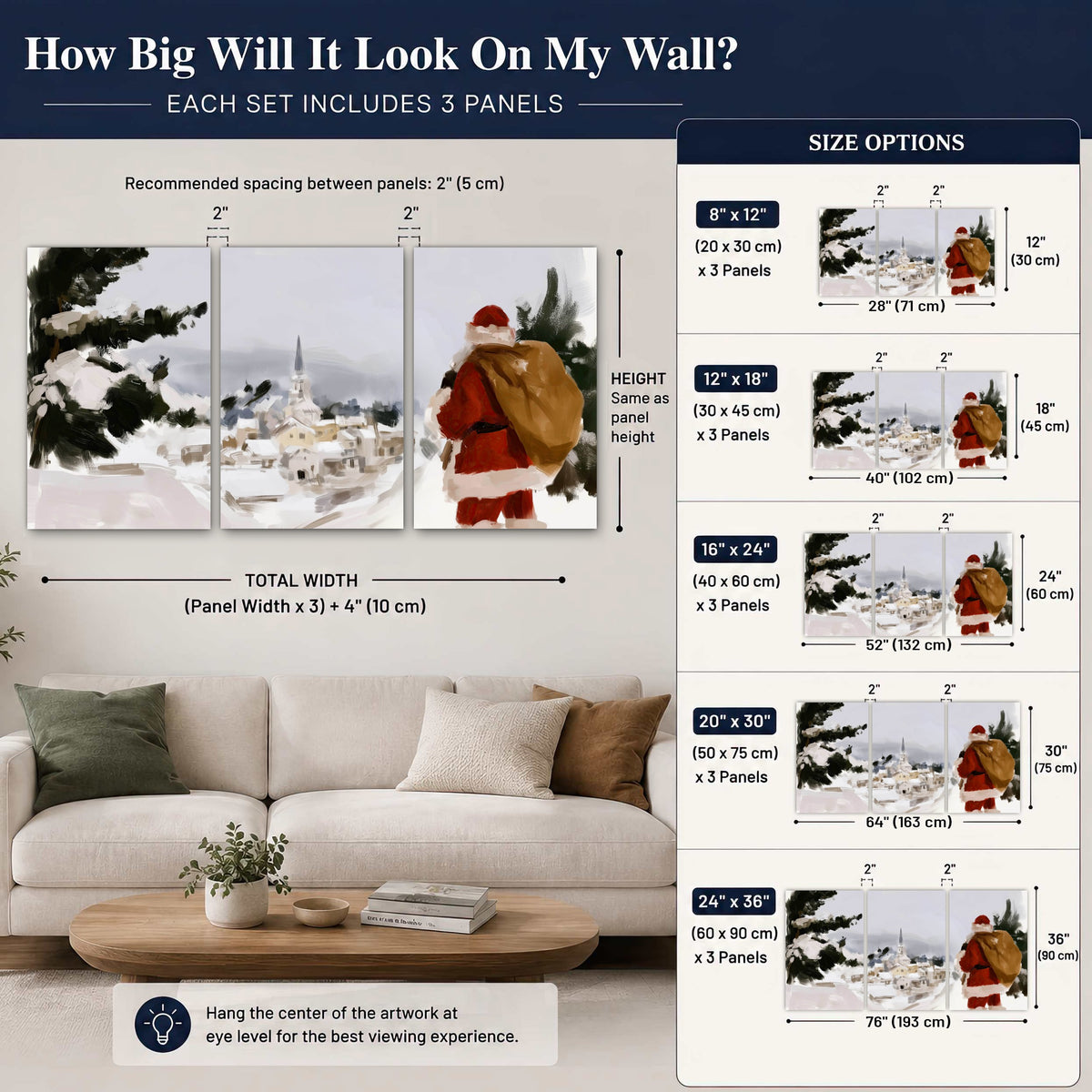 Santa Claus snowy village painting 3 piece canvas wall art size guide above a sofa