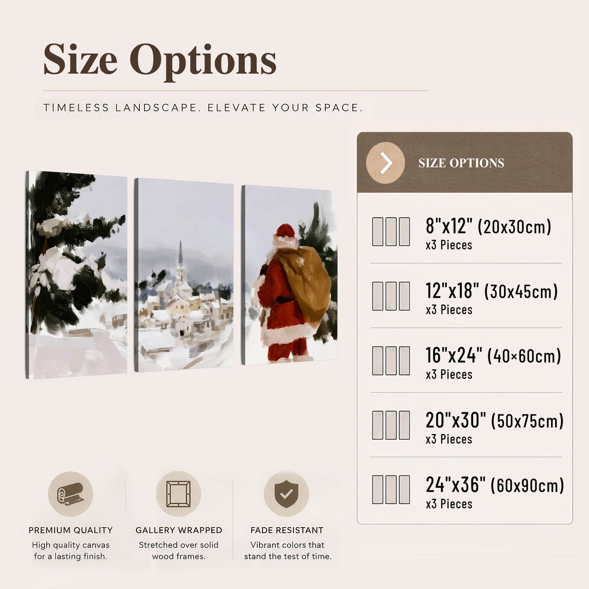 Santa Claus snowy village painting 3 piece canvas wall art size options