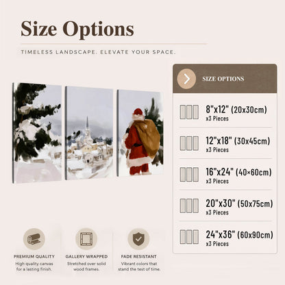 Santa Claus snowy village painting 3 piece canvas wall art size options