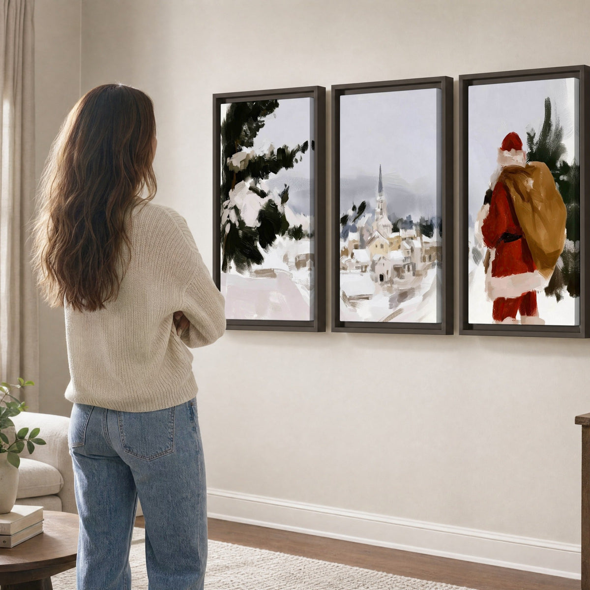 Santa Claus snowy village painting 3 piece framed canvas in a living room