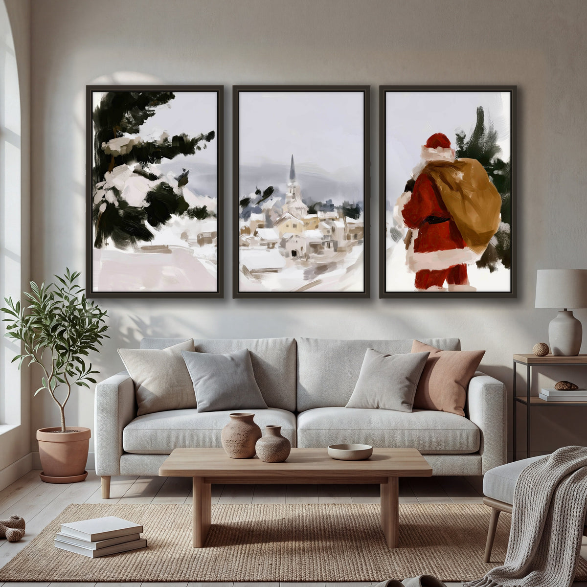 Santa Claus snowy village painting 3 piece framed canvas in a bright living room