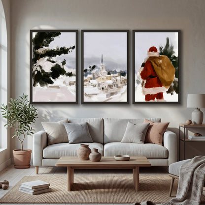 Santa Claus snowy village painting 3 piece framed canvas in a bright living room