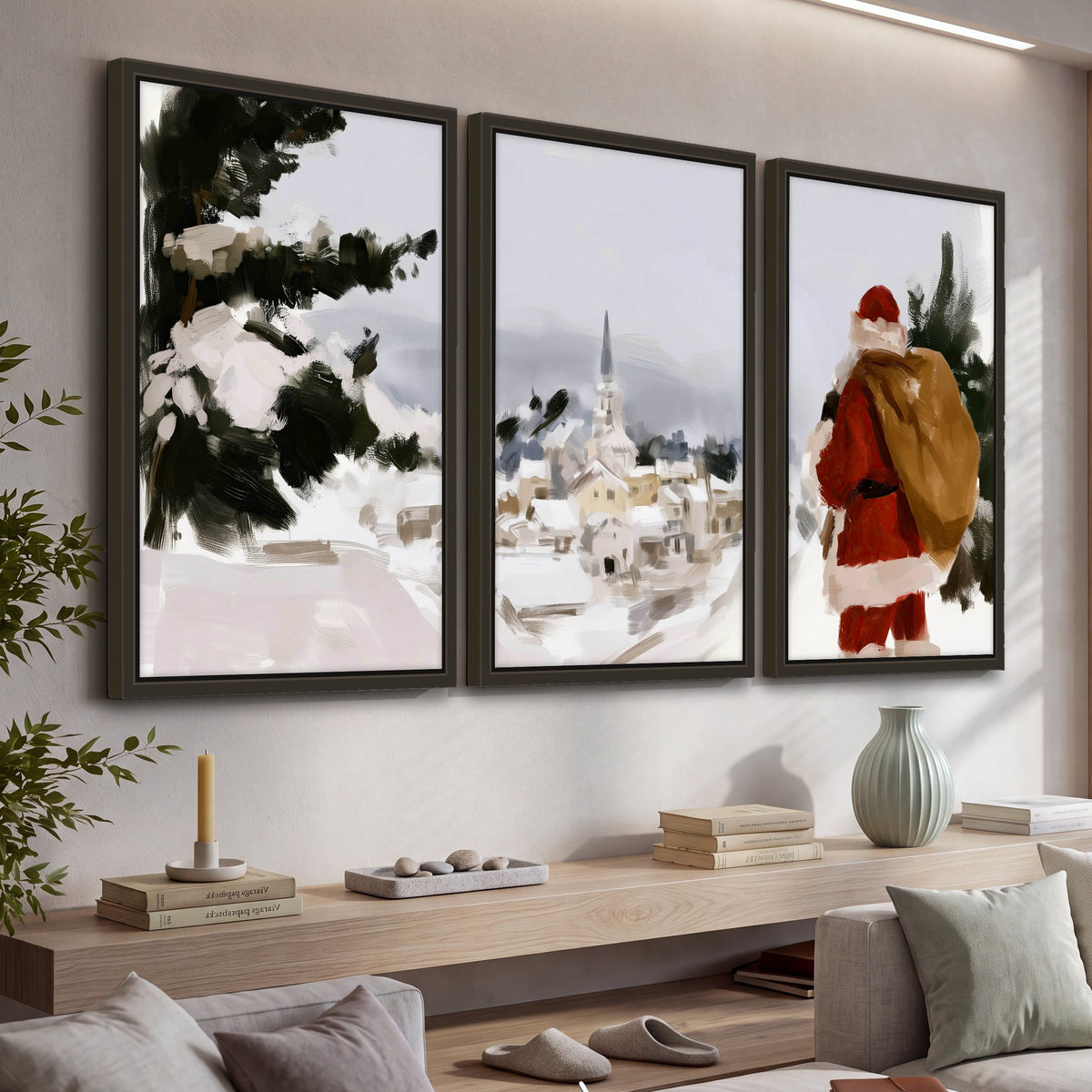 Santa Claus snowy village painting 3 piece framed canvas in a living room above a console